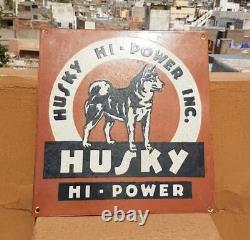 Original 1930s Old Antique Vintage Rare Husky Hi-Power Oil Porcelain Enamel Sign