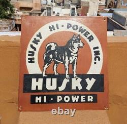 Original 1930s Old Antique Vintage Rare Husky Hi-Power Oil Porcelain Enamel Sign