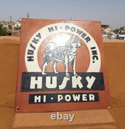 Original 1930s Old Antique Vintage Rare Husky Hi-Power Oil Porcelain Enamel Sign