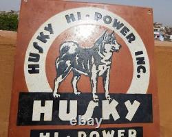 Original 1930s Old Antique Vintage Rare Husky Hi-Power Oil Porcelain Enamel Sign