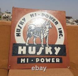 Original 1930s Old Antique Vintage Rare Husky Hi-Power Oil Porcelain Enamel Sign