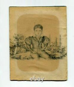 Original Antique 19th century Vintage Pencil Old Drawing Portrait, Young Boy