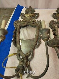 Pair (2) VINTAGE Old FRENCH CARVED WOOD Gilt MIRROR Wall SCONCES