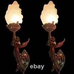 Pair Antique Vintage Old Art Deco Nouveau Brass Mermaid Wall Sconces Light Lamp