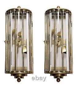 Pair Of Vintage Old Antique Art Deco Brass & Glass Rod Wall Scones Lamp