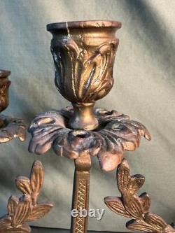 Pair of Two 2 Old Antique Vintage Brass Candlesticks Set Candelabras 3 Arms Nice