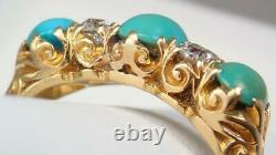 Pretty Antique Victorian 18K Gold Turquoise Old Cut Diamond Scrolling Ring 10.5