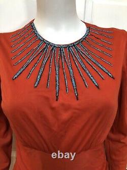VTG 1940s OLD HOLLYWOOD GLAM Coral RAYON JERSEY DRAPED GOWN wSUNBURST DECO BEADS