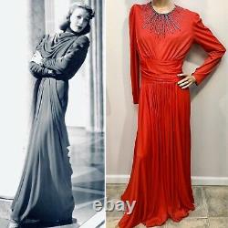 VTG 1940s OLD HOLLYWOOD GLAM Coral RAYON JERSEY DRAPED GOWN wSUNBURST DECO BEADS