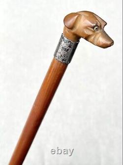 Vintage Antique 1914 Carved Horn Dog Head Swagger Knob Walking Stick Cane Old