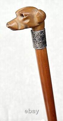 Vintage Antique 1914 Carved Horn Dog Head Swagger Knob Walking Stick Cane Old