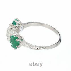 Vintage Antique Engraved Rare Old European Cut Round Diamond & Emerald Ring