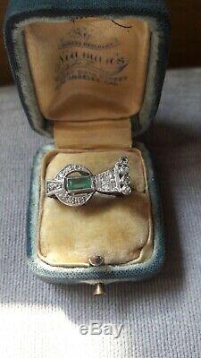 Vintage Antique Estate Emerald Old Cut Diamond Filigree Palladium Ring Size 5.5