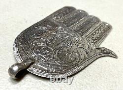 Vintage Antique Judaica Large Sterling Silver Hamsa Hand Pedant Jewelry Case Old