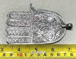 Vintage Antique Judaica Large Sterling Silver Hamsa Hand Pedant Jewelry Case Old