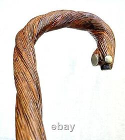 Vintage Antique Twisted Carved Wood Silver Inlay Fancy Walking Stick Cane Old