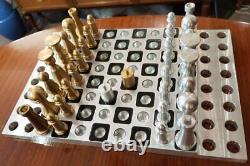 Vintage Chessboard Turned Metal Aluminum Bronze Game Decor Rare Old 20th 70s