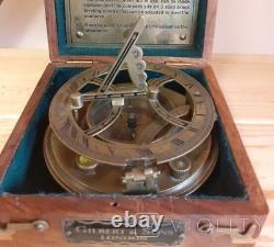 Vintage Compass Gilbert Son's London Sundial Box Bronze Wood Glass Rare Old 20th