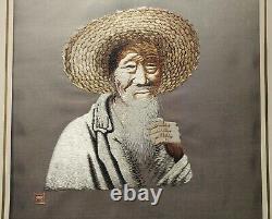 Vintage Early-Mid 20C Antique Signed Asian Japanese SILK EMBROIDERY Art Old Man