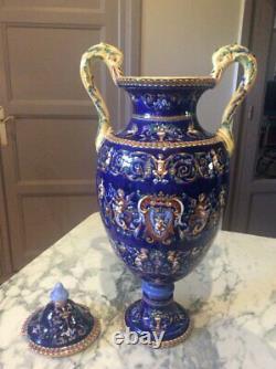 Vintage Large Polychrome Gien Vase Renaissance Earthenware Lid Blue Dolphins Old