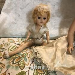 Vintage Lot 3 Old Antique Dolls Composite Rubber Band Porcelain Silk Wedding