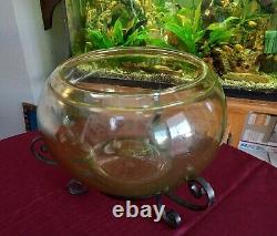 Vintage Old Antique Aquarium Lg 3 Gallon Vaseline Glass? Fish Bowl With Stand