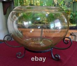 Vintage Old Antique Aquarium Lg 3 Gallon Vaseline Glass? Fish Bowl With Stand