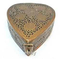 Vintage Old Antique Brass Fine Jail Cut Work Heart Shape Beautiful Jewelry Box