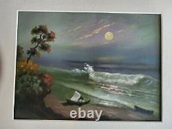 Vintage Old Antique Early California Coastline Sunset Ocean Matted Oil Painting