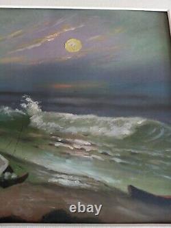 Vintage Old Antique Early California Coastline Sunset Ocean Matted Oil Painting
