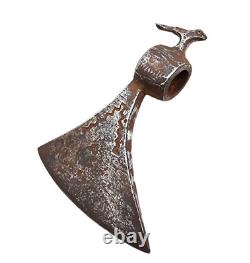 Vintage Old Antique Iron Handcrafted Engraved Rare Bird Figure Battle Axe Head