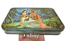 Vintage Old Antique Iron Rare God Krishna Sudama Meeting Print Litho. Tin Box