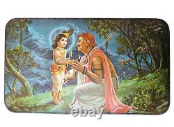 Vintage Old Antique Iron Rare God Krishna Sudama Meeting Print Litho. Tin Box