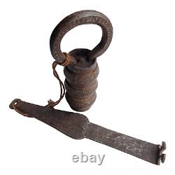 Vintage Old Antique Iron Rare Tricky Push System Very Long Big Pad Lock & Key