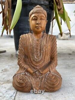 Vintage Old Rare Hand Carved Wood Hindu Jain Mahaveer Buddha Meditation Statue