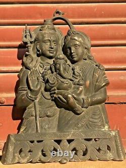 Vintage Old Shiva Parvati Ganesha God Family Wall Hanging Brass Figure Statue
