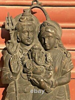 Vintage Old Shiva Parvati Ganesha God Family Wall Hanging Brass Figure Statue