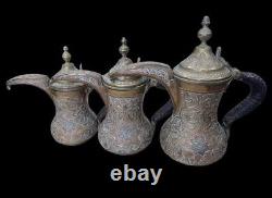 Vintage Rare Antique Bedouin Dallah Coffe Pot Set Brass Art Old Starling Silver