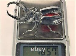 Vintage Sterling Silver 925 Beetle Deer Rare Old Bug Red Insect Jewel16.57 gr