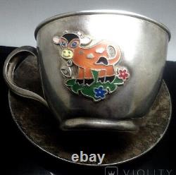 Vintage Sterling Silver 925 Cup Saucer Enamel Cow Engraved Plate Rare Old 20th