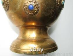 Vintage Vase Brass Chinese Probably Characters Bird Stone Rare Old 24cm 20th