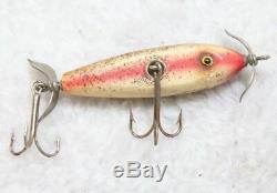 Vintage Wood Fishing Lure Two Hook Minnow Fleuger White Red Antique Rare Old