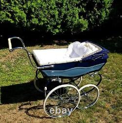 Vintage antique baby pram carriage Swan 70 yrs old Royal Blue Canvas Top Deluxe