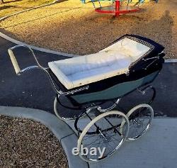 Vintage antique baby pram carriage Swan 70 yrs old Royal Blue Canvas Top Deluxe