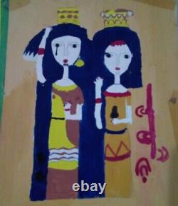 Vintage old folk art primitive paper painting for 2 villager women