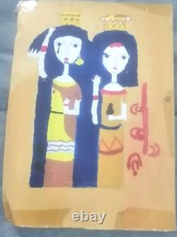 Vintage old folk art primitive paper painting for 2 villager women