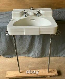 Vtg Mid Century White Bath Sink Chrome Legs Towel Bars Old Crane Drexel 138-21E