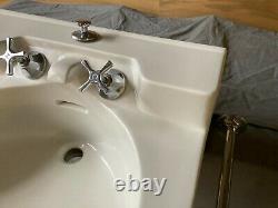 Vtg Mid Century White Bath Sink Chrome Legs Towel Bars Old Crane Drexel 138-21E