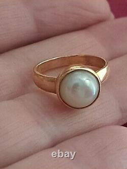 Vtg Old Antique 18k Yellow Gold 8.5mm Mabe Dome Pearl Pinkie Ring 3.57g Sz 4.5