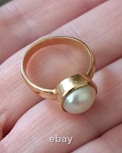 Vtg Old Antique 18k Yellow Gold 8.5mm Mabe Dome Pearl Pinkie Ring 3.57g Sz 4.5